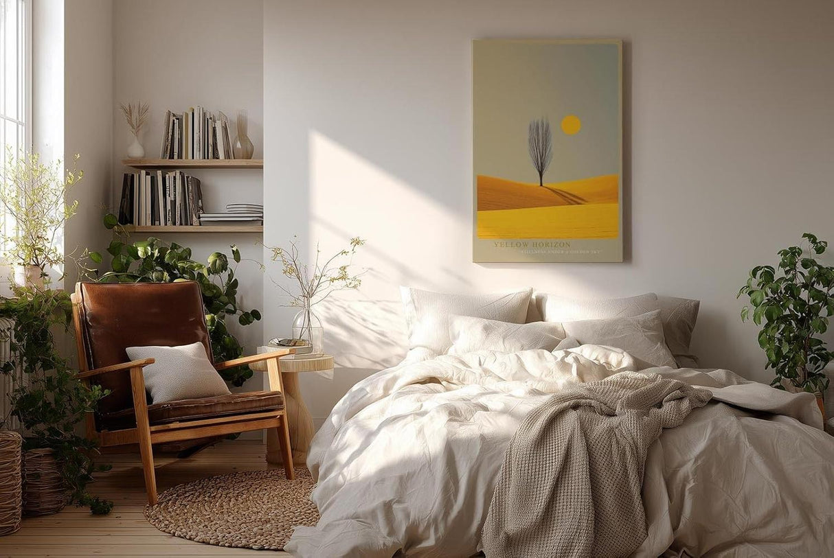 Paul Sinus Wandbild in 40x60cm Baum auf goldgelbem Feld mit Sonne – minimalistisches Landschaftsmotiv für moderne Raumgestaltung