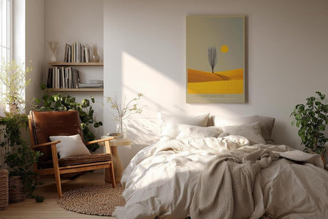 Paul Sinus Wandbild in 40x60cm Baum auf goldgelbem Feld mit Sonne – minimalistisches Landschaftsmotiv für moderne Raumgestaltung