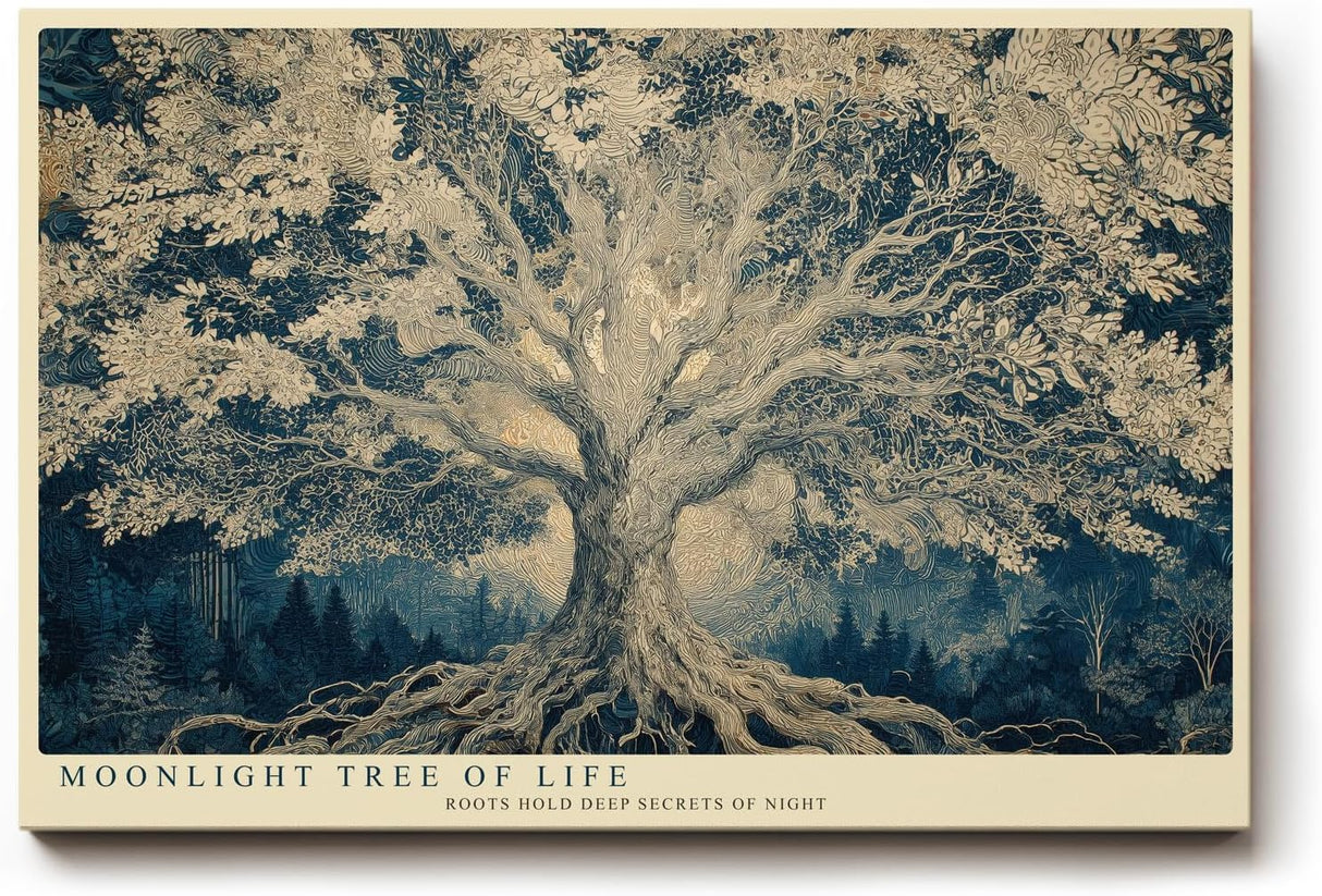 Paul Sinus Wandbild 120x80cm Baum des Lebens im Mondlicht – Künstlerische Naturillustration mit tiefen Wurzeln und Nachtstimmung