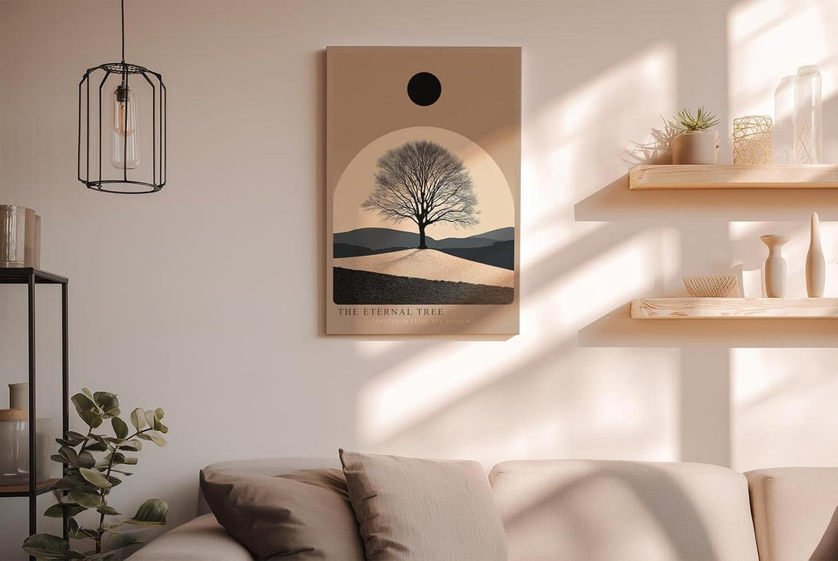 Paul Sinus Wandbild in 40x60cm Baum im Lichtkreis mit schwarzer Sonne über minimalistischer Landschaft