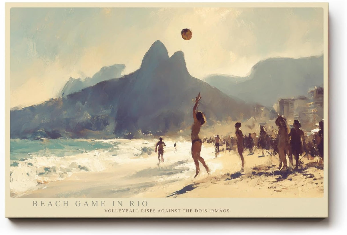 Paul Sinus Wandbild 120x80cm Beach Game in Rio Strand Volleyball Szene mit Blick auf Dois Irmaos Kuestenlandschaft Kunst fuer Wohnzimmer und Büro