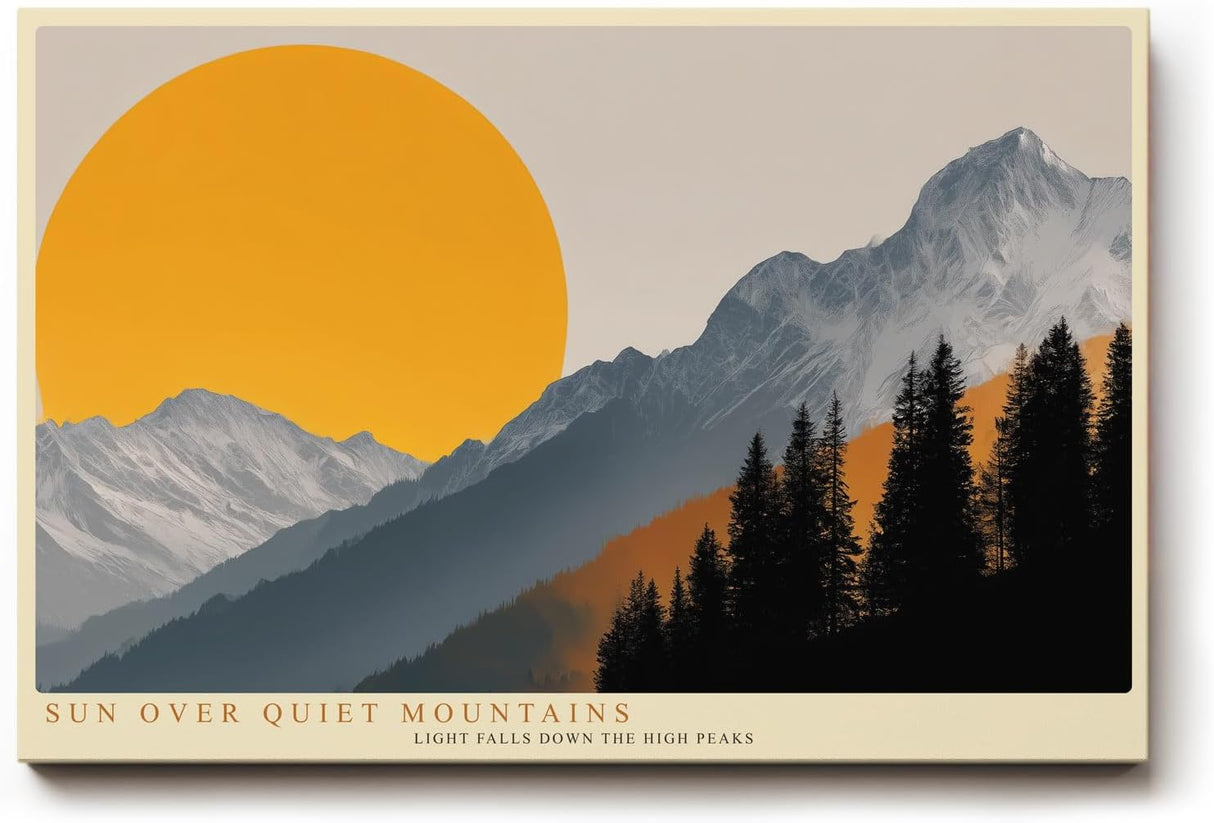 Paul Sinus Wandbild 120x80cm Berge Landschaft mit großer Sonne moderne Natur Illustration orange grau Bergpanorama stilvolle