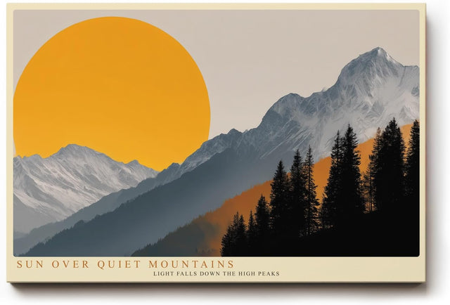 Paul Sinus Wandbild 120x80cm Berge Landschaft mit großer Sonne moderne Natur Illustration orange grau Bergpanorama stilvolle