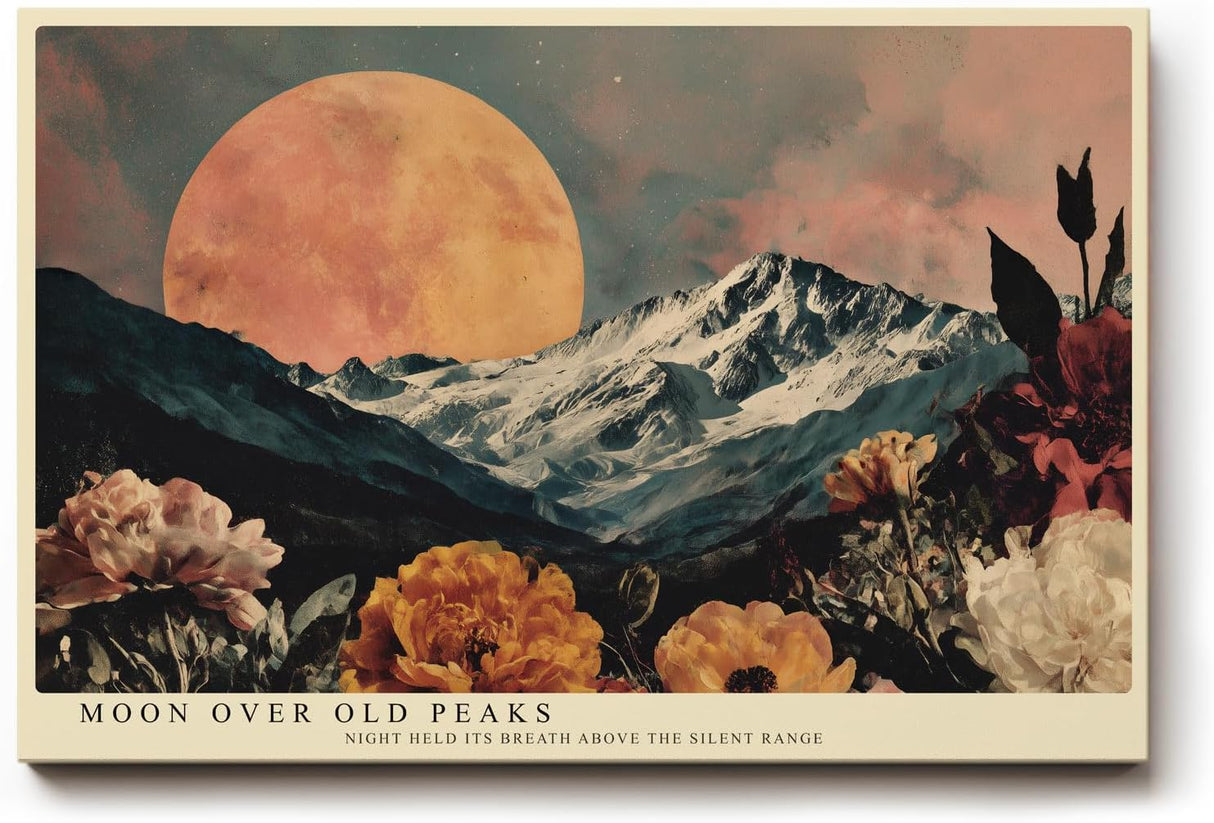 Paul Sinus Wandbild 120x80cm Berge bei Vollmond Landschaft mit Blumen Nachtkunst Wanddekoration Wohnzimmer Schlafzimmer