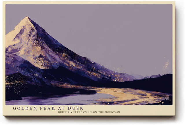 Paul Sinus Wandbild 120x80cm Berglandschaft Abendlicht goldene Gipfel ruhiger Fluss moderne Landschaftskunst violett gold Kunstbild stilvolle