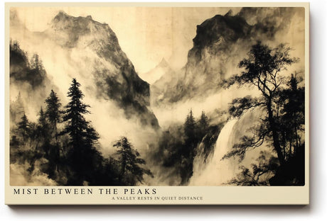 Paul Sinus Wandbild 120x80cm Berglandschaft Nebel Tusche Stil modern schwarz beige Kunstdruck grosses Landschaft Kunstbild elegante Wanddekoration fuer Wohnzimmer Büro
