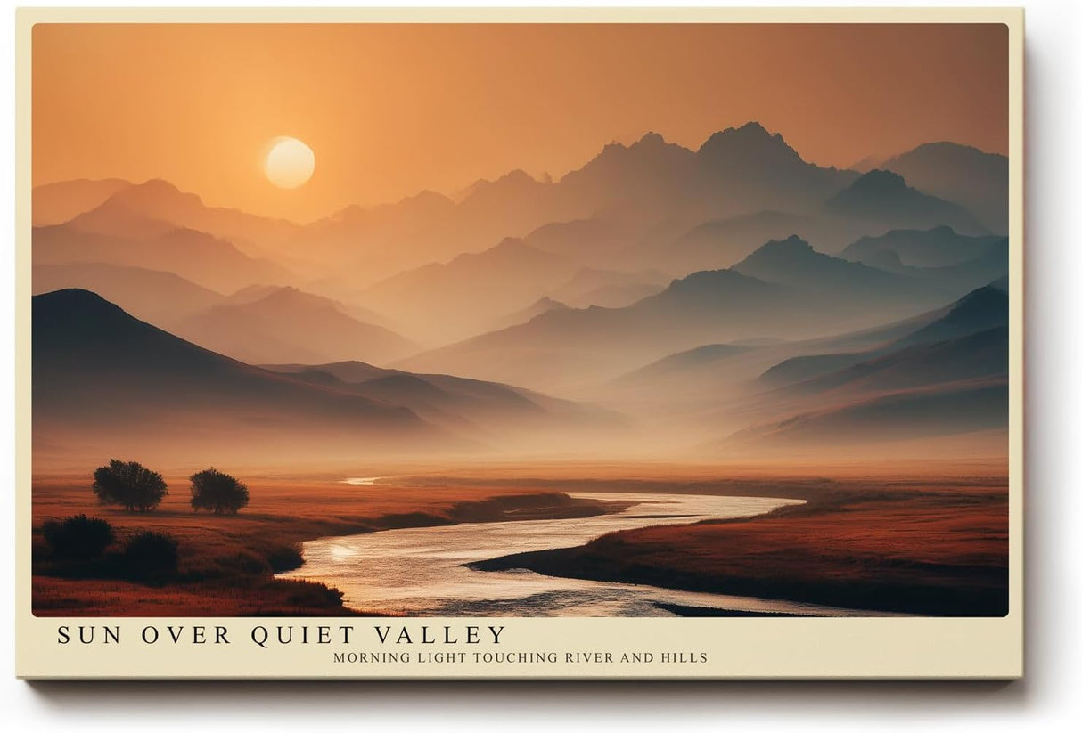 Paul Sinus Wandbild 120x80cm Berglandschaft mit Fluss bei Sonnenaufgang moderne Natur Landschaft Fotokunst warmes Morgenlicht Kunstposter für Wohnzimmer Schlafzimmer Büro