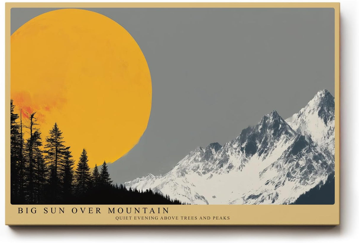 Paul Sinus Wandbild 120x80cm Berglandschaft mit großer Sonne minimalistische Natur Illustration grau orange Panorama stilvolle
