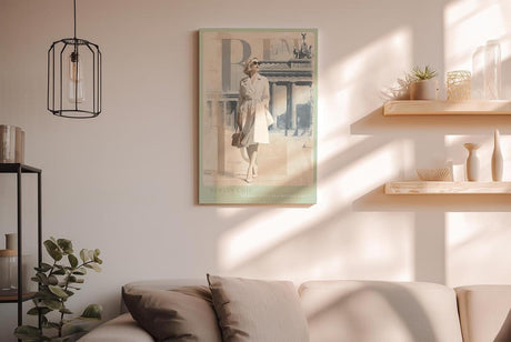 Paul Sinus Wandbild in 40x60cm Berlin Chic Frau im weißen Mantel vor Brandenburger Tor klassische Eleganz auf Leinwand