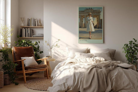 Paul Sinus Wandbild in 40x60cm Berlin – elegante Frau in Weiß vor dem Brandenburger Tor im malerischen Stil