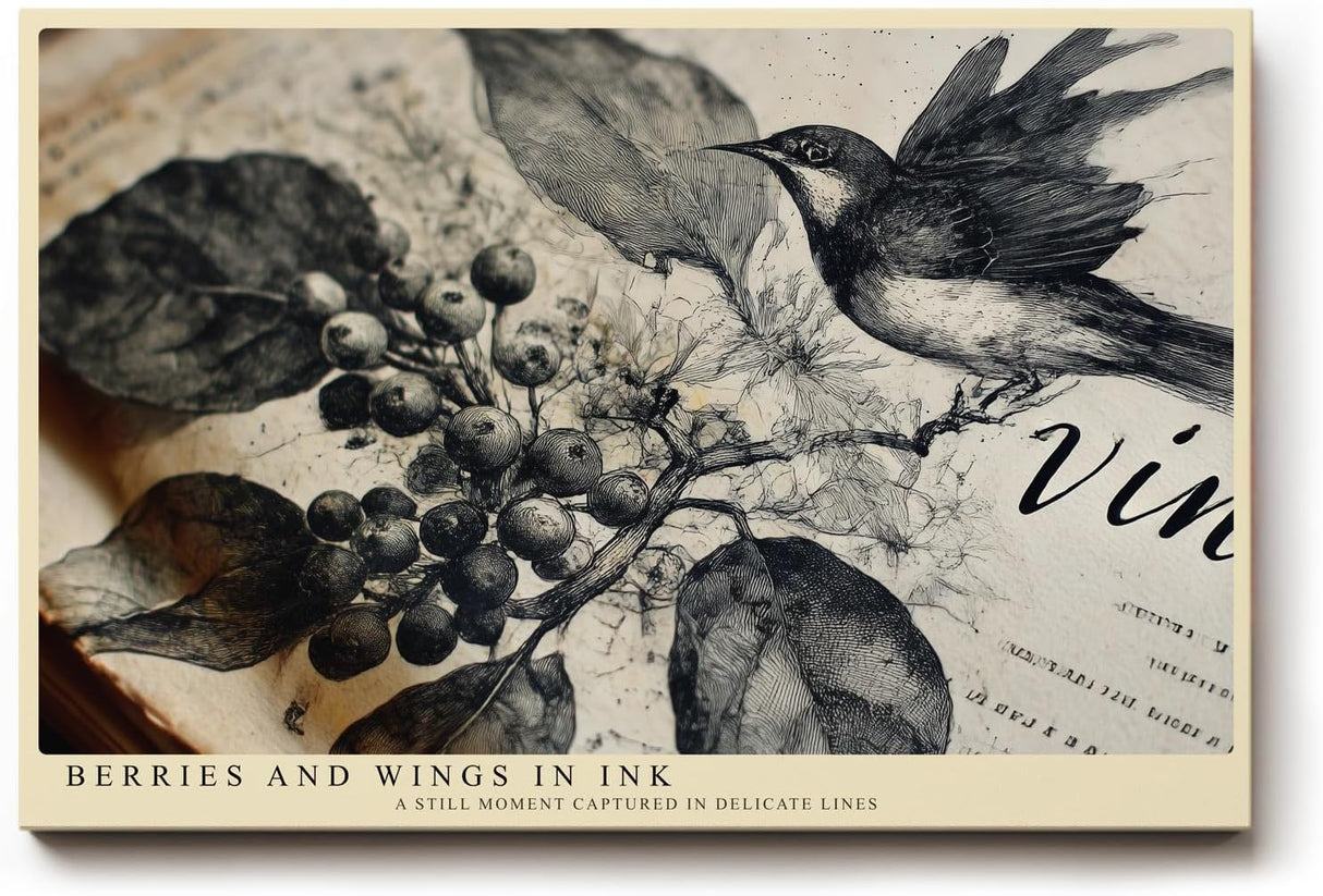 Paul Sinus Wandbild 120x80cm Berries and Wings in Ink Vintage Vogel Illustration mit Beeren Zweigen Natur Kunst Poster für Wohnzimmer Büro
