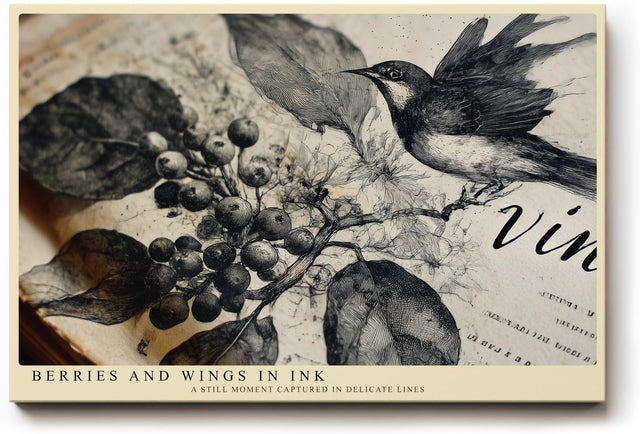 Paul Sinus Wandbild 120x80cm Berries and Wings in Ink Vintage Vogel Illustration mit Beeren Zweigen Natur Kunst Poster für Wohnzimmer Büro