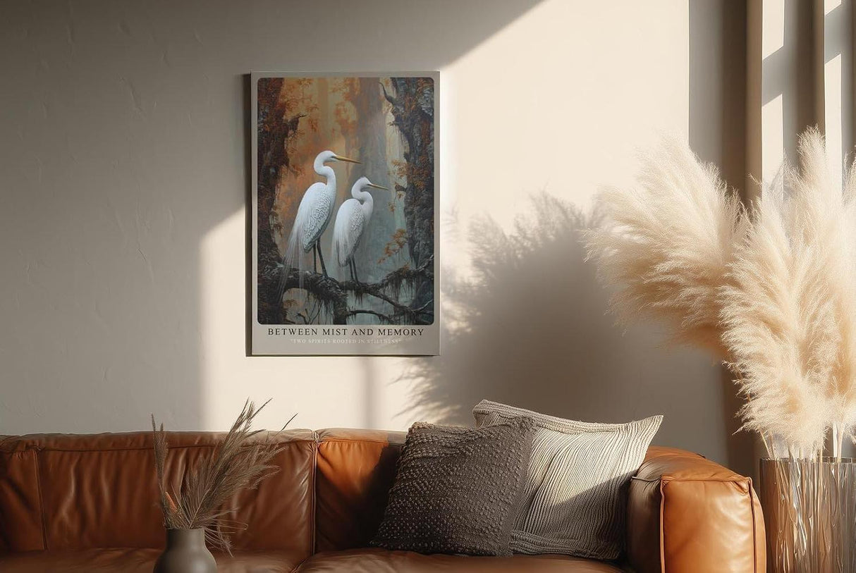 Paul Sinus Wandbild in 40x60cm Between Mist and Memory naturgetreue Darstellung zweier weißer Reiher in nebliger Waldlandschaft