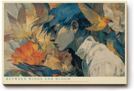 Paul Sinus Wandbild 120x80cm Between Wings and Bloom poetisches Portrait mit Vögeln und Blumen Kunst Poster für Wohnzimmer Schlafzimmer