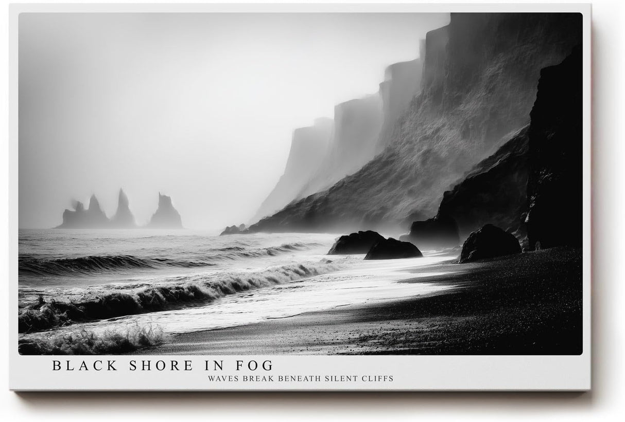 Paul Sinus Wandbild 120x80cm Black Shore in Fog dramatische schwarz weiß Küstenlandschaft Meer und Klippen Natur Fotokunst Poster für Wohnzimmer Büro