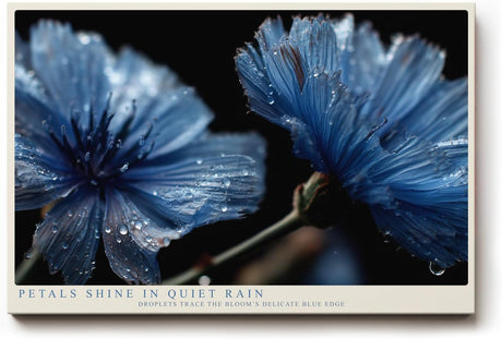 Paul Sinus Wandbild 120x80cm Blaue Blumen Makro mit Wassertropfen elegante florale Naturkunst