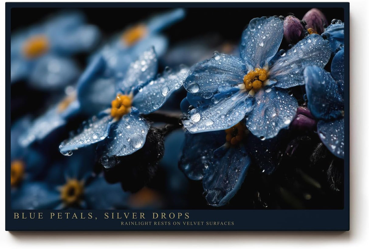 Paul Sinus Wandbild 120x80cm Blaue Blüten mit Regentropfen Makrofotografie Natur Kunst für Wohnzimmer Schlafzimmer Bad