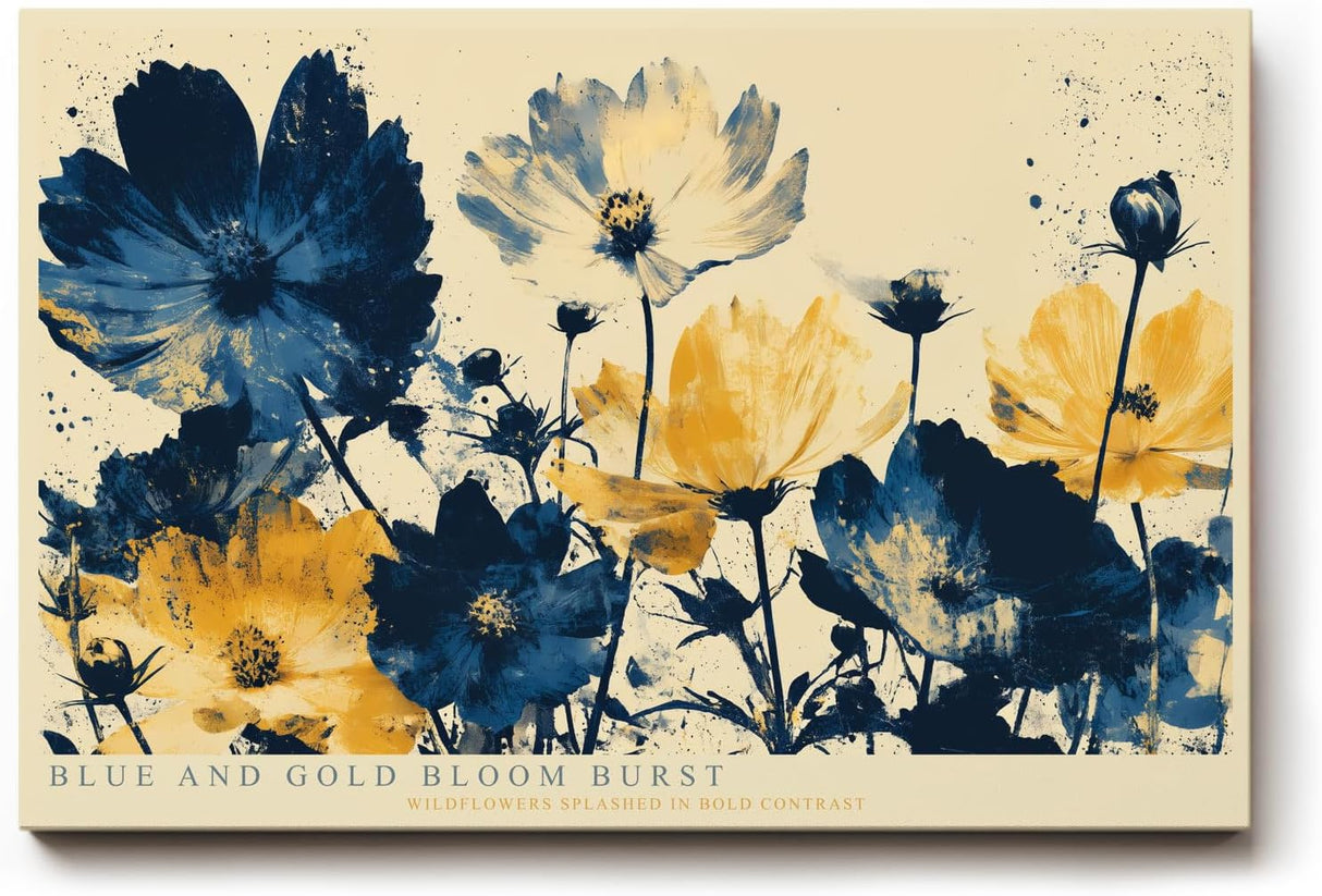 Paul Sinus Wandbild 120x80cm Blue and Gold Bloom Burst Abstrakte Wildblumen Kunst in Blau und Gold Modernes Blumenbild fuer Wohnzimmer und Büro