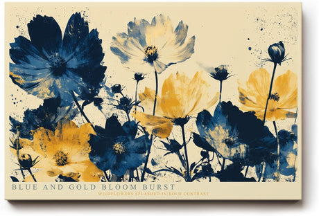 Paul Sinus Wandbild 120x80cm Blue and Gold Bloom Burst Abstrakte Wildblumen Kunst in Blau und Gold Modernes Blumenbild fuer Wohnzimmer und Büro