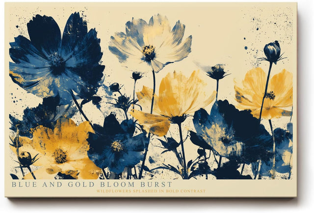 Paul Sinus Wandbild 120x80cm Blue and Gold Bloom Burst Abstrakte Wildblumen Kunst in Blau und Gold Modernes Blumenbild fuer Wohnzimmer und Büro