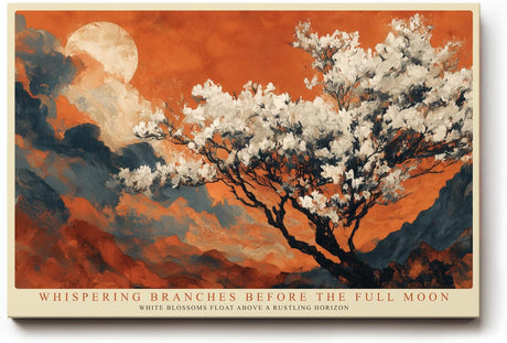 Paul Sinus Wandbild 120x80cm Bluetenbaum Vollmond Berglandschaft Natur Kunstmotiv Abendliche Landschaft mit weissen Blueten