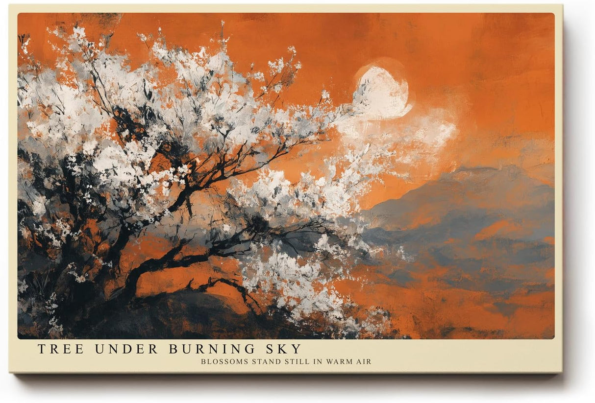 Paul Sinus Wandbild 120x80cm Blühender Baum Landschaft Kunst in Orange Weiß und Grau Modernes Naturmotiv für Wohnzimmer Büro und Flur