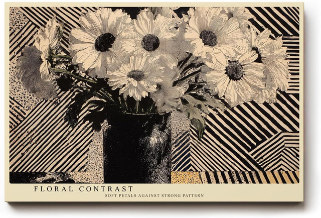 Paul Sinus Wandbild 120x80cm Blumen Stillleben schwarz weiss grafisches Muster moderne florale Kunst Wanddekoration fuer Wohnzimmer Büro
