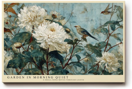 Paul Sinus Wandbild 120x80cm Blumen und Vogel Garten Szene Klassische Natur Kunst in Blau Grün und Weiß für Wohnzimmer Schlafzimmer Büro