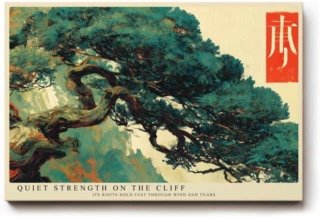 Paul Sinus Wandbild 120x80cm Bonsai Baum Kunst Asiatische Natur Illustration in Grün und Beige für Wohnzimmer Büro und Flur