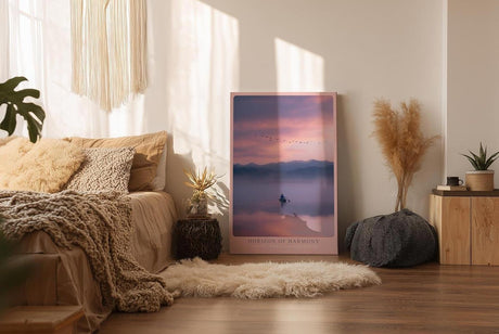 Paul Sinus Wandbild in 40x60cm Boot auf nebligem See bei Sonnenaufgang mit Bergen und Vogelschwarm im Hintergrund