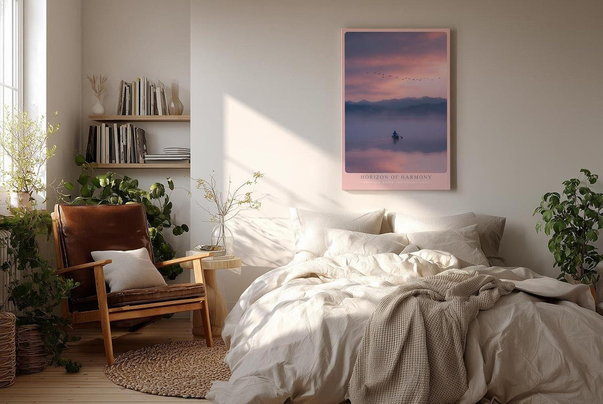 Paul Sinus Wandbild in 40x60cm Boot auf nebligem See bei Sonnenaufgang mit Bergen und Vogelschwarm im Hintergrund