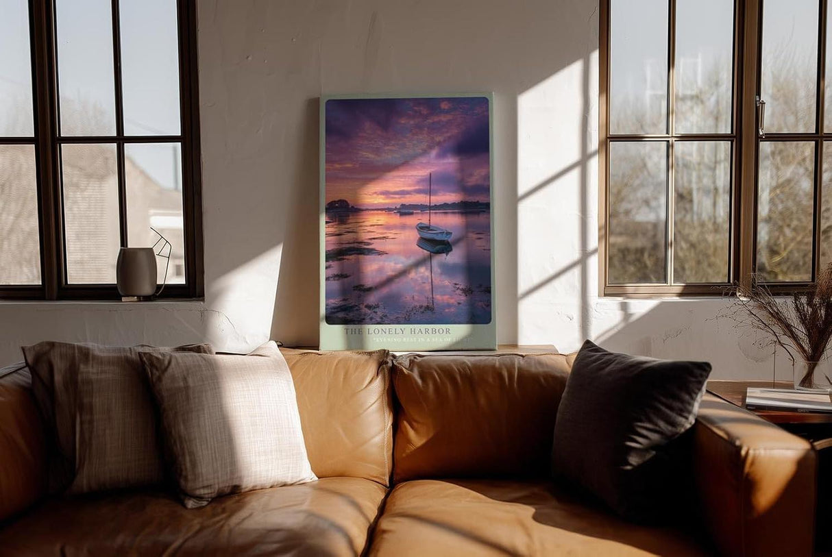 Paul Sinus Wandbild in 40x60cm Boot im Hafen bei Sonnenuntergang mit violett-pinkfarbenem Himmel und ruhigem Wasser