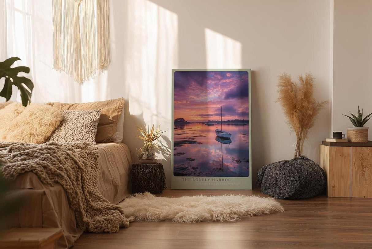 Paul Sinus Wandbild in 40x60cm Boot im Hafen bei Sonnenuntergang mit violett-pinkfarbenem Himmel und ruhigem Wasser