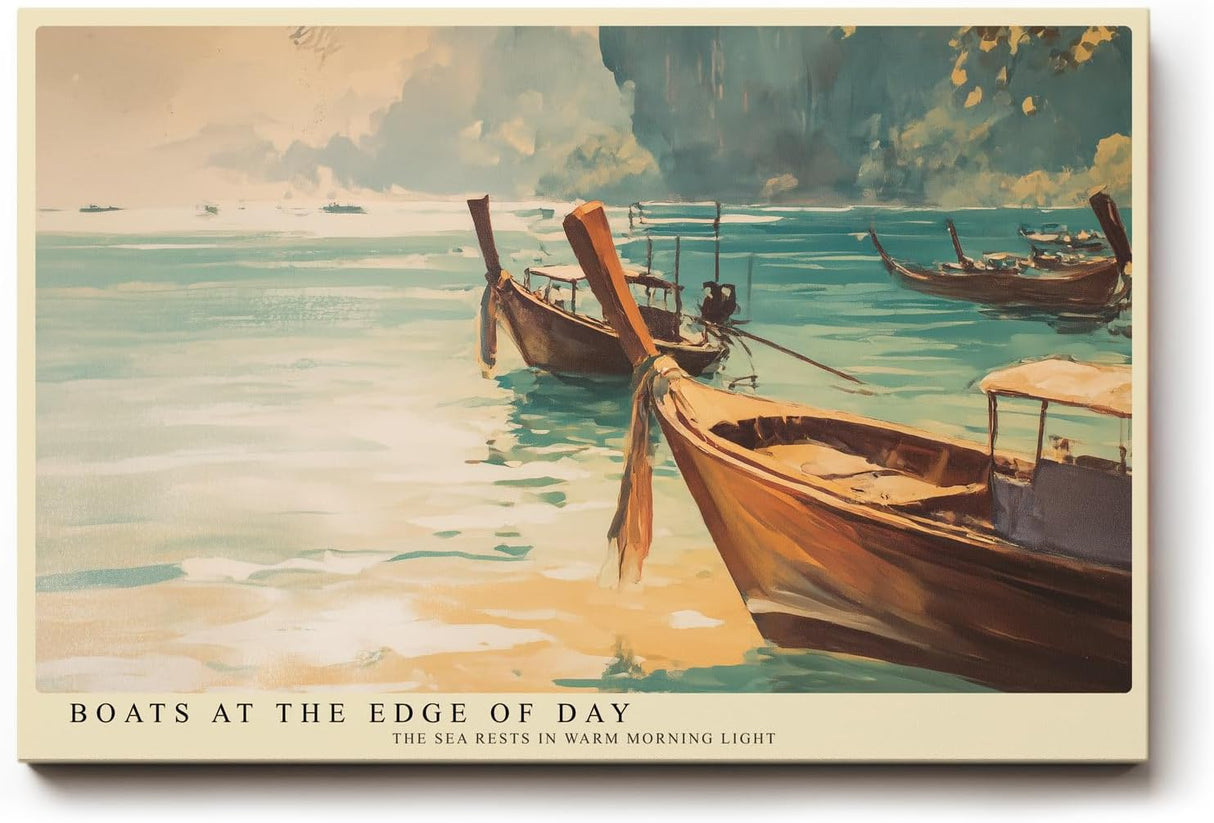 Paul Sinus Wandbild 120x80cm Boote am Meer Küsten Landschaft Kunst in Blau und Gold für Wohnzimmer Büro und Schlafzimmer