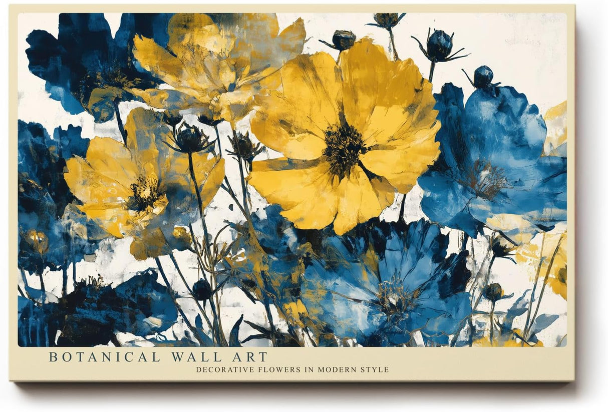 Paul Sinus Wandbild 120x80cm Botanische Blumen Moderne Kunst Gelbe und Blaue Blueten Florale Dekoration