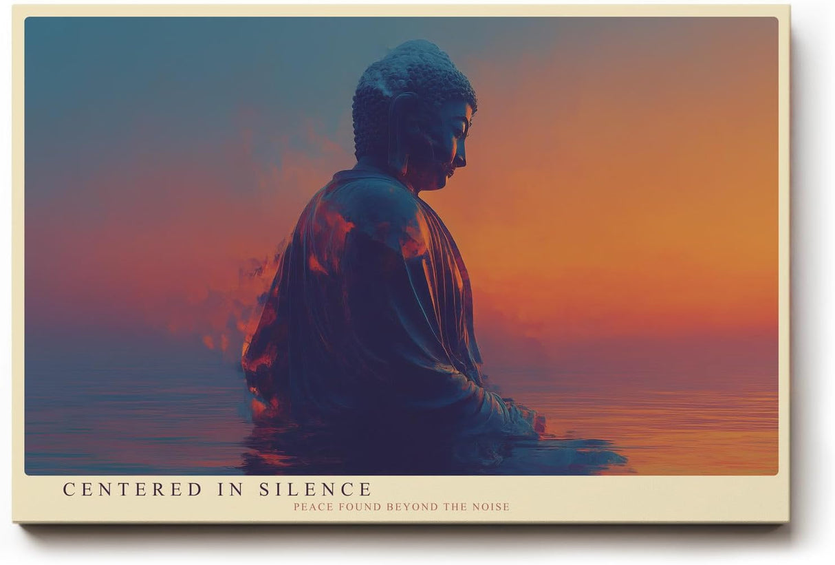 Paul Sinus Wandbild 120x80cm Buddha Meditation modern orange blau spirituelle Kunst ruhige Zen Atmosphaere grosses Kunstbild Wanddekoration fuer Wohnzimmer Yoga Raum