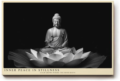 Paul Sinus Wandbild 120x80cm Buddha Statue Lotus Bluete schwarz weiss spirituelle Zen Kunst ruhige Meditation Wanddekoration fuer Wohnzimmer Yoga Raum