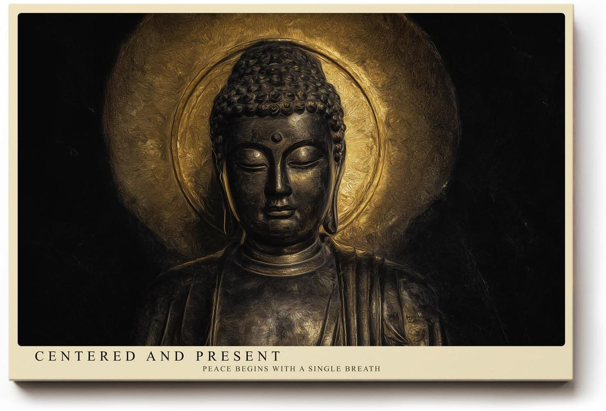 Paul Sinus Wandbild 120x80cm Buddha Statue Meditation spirituelle Kunst goldenes Licht ruhiges Zen Motiv stilvolle Wanddekoration fuer Wohnzimmer Büro