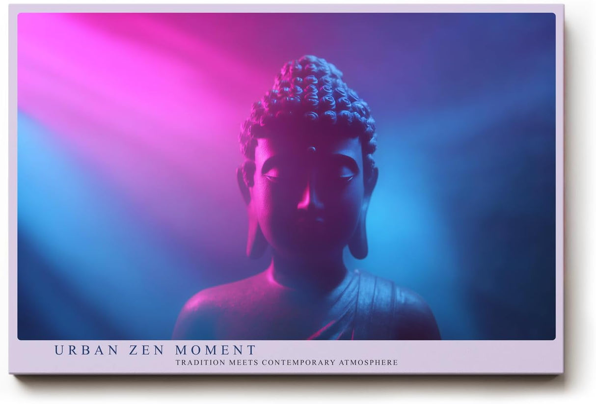 Paul Sinus Wandbild 120x80cm Buddha Statue Neon Licht moderne spirituelle Kunst pink blau meditatives Kunstbild für Wohnzimmer Yoga Raum