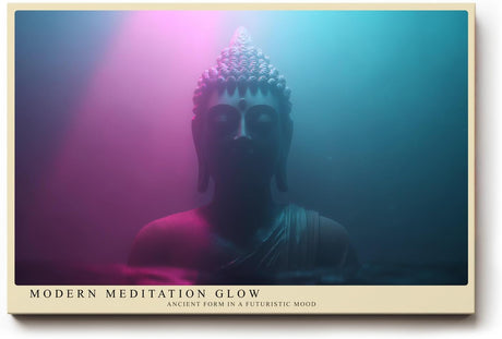 Paul Sinus Wandbild 120x80cm Buddha Statue modernes Neon Licht spirituelle Meditation Kunst pink blau mystisches Kunstbild für Wohnzimmer Yoga Raum