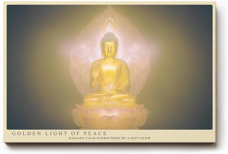 Paul Sinus Wandbild 120x80cm Buddha goldenes Licht spirituelle Meditation Kunst mit Lotusblüte ruhiges Zen Kunstbild elegante Wanddekoration für Wohnzimmer Yoga Raum