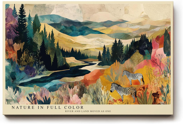 Paul Sinus Wandbild 120x80cm Bunte Landschaft mit Fluss Wald und Zebras Moderne Naturkunst Wanddekoration Wohnzimmer