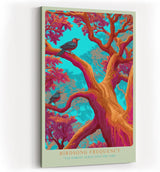 Paul Sinus Wandbild in 40x60cm Bunte Vögel in farbintensivem Baum – surrealistisches Kunstwerk mit kräftigen Kontrasten und leuchtenden Details