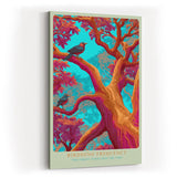Paul Sinus Wandbild in 40x60cm Bunte Vögel in farbintensivem Baum – surrealistisches Kunstwerk mit kräftigen Kontrasten und leuchtenden Details