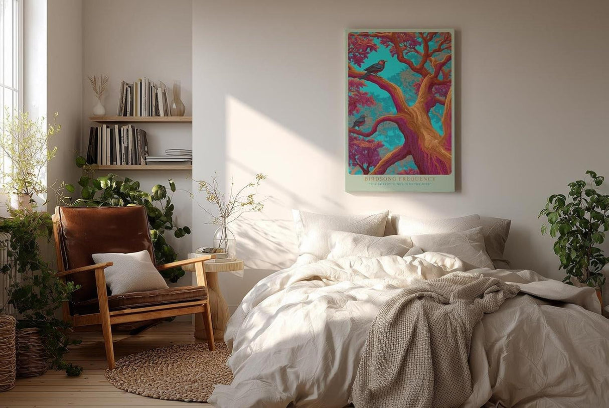 Paul Sinus Wandbild in 40x60cm Bunte Vögel in farbintensivem Baum – surrealistisches Kunstwerk mit kräftigen Kontrasten und leuchtenden Details