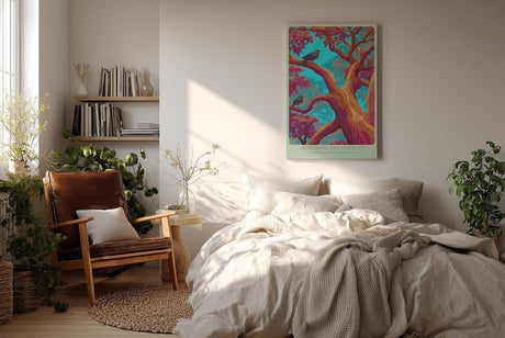 Paul Sinus Wandbild in 40x60cm Bunte Vögel in farbintensivem Baum – surrealistisches Kunstwerk mit kräftigen Kontrasten und leuchtenden Details