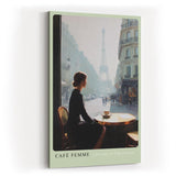 Paul Sinus Wandbild in 40x60cm Café Femme – Romantische Szene einer Frau in einem Pariser Café mit Blick auf den Eiffelturm, moderne Bilder in sanften, stimmungsvollen Farbtönen