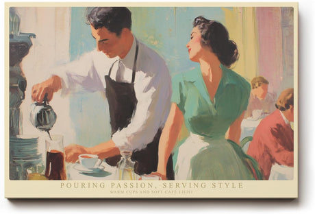 Paul Sinus Wandbild 120x80cm Café Szene Vintage Illustration Barista und Frau Künstlerische Retro Kunst für Wohnzimmer Küche Café