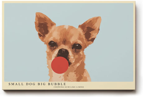 Paul Sinus Wandbild 120x80cm Chihuahua Hund mit Kaugummi Illustration lustiges Hunde Kunstposter in warmen Farben moderne Wanddekoration fuer Wohnzimmer Kinderzimmer Büro