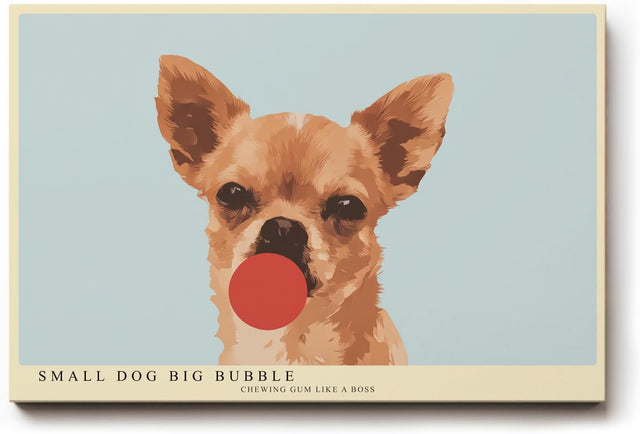 Paul Sinus Wandbild 120x80cm Chihuahua Hund mit Kaugummi Illustration lustiges Hunde Kunstposter in warmen Farben moderne Wanddekoration fuer Wohnzimmer Kinderzimmer Büro